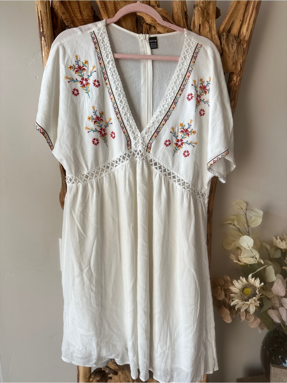 SHEIN White Embroidered V-Neck Boho Tunic with Multicolor Floral Stitching